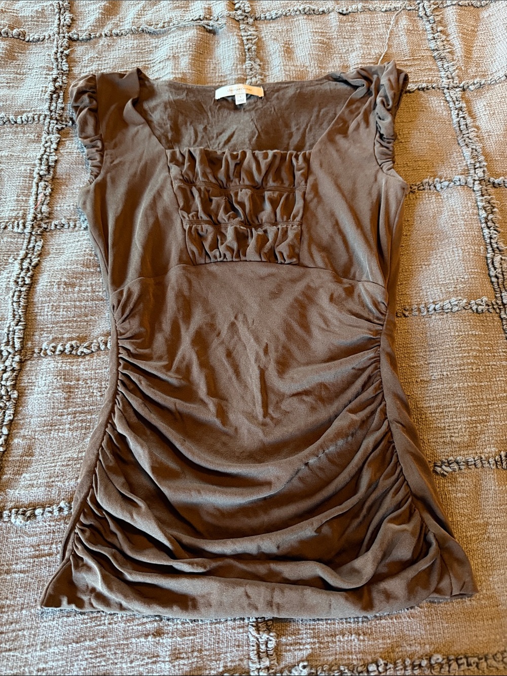 Classiques Entier Chocolate Brown Ruched Midi Dress with Ruffle Bodice